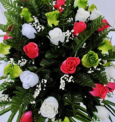 Silky Flower Store Pink Green White Rose Mix Cemetery Flower Saddle, Grave Headstone Decoration, Artificial Floral Arrangement, 20.5cm 5 5 Product: Spring Cemetery Flowers for Headstone and Grave Decoration-Pink Green and White Rose Mix Saddle