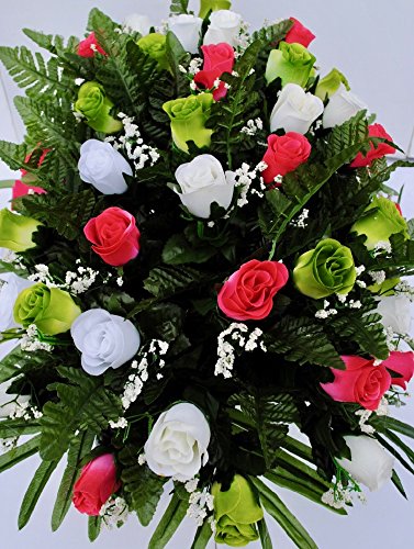 Silky Flower Store Pink Green White Rose Mix Cemetery Flower Saddle, Grave Headstone Decoration, Artificial Floral Arrangement, 20.5cm 1 1 Product: Spring Cemetery Flowers for Headstone and Grave Decoration-Pink Green and White Rose Mix Saddle