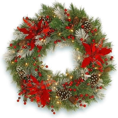 Product: National Tree Company Pre-Lit Artificial Christmas Wreath, Green, Tartan Plaid, White Lights, Decorated with Frosted Branches, Pine Cones, Berry Clusters, Flowers, Christmas Collection, 30 Inches
