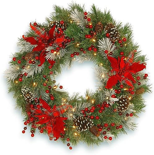 National Tree Company Pre-Lit Artificial Christmas Wreath, Green, Tartan Plaid, White Lights, Decorated with Frosted Branches, Pine Cones, Berry Clusters, Flowers, Christmas Collection, 30 Inches - Artificial Flower Arrangements Product: National Tree Company Pre-Lit Artificial Christmas Wreath, Green, Tartan Plaid, White Lights, Decorated with Frosted Branches, Pine Cones, Berry Clusters, Flowers, Christmas Collection, 30 Inches