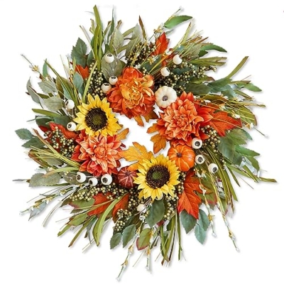 Silky Flower Store Autumn Wreath for Front Door, Sunflower Pumpkin Dahlia Fall Wreath, Artificial Outdoor Decor 24 Inch 15 15 Product: Soomeir 24 Inch Fall Wreaths for Front Door Outside, Sunflower Autumn Door Wreath with Pumpkin and Dahlias, Large Wreaths for Halloween Thanksgiving Farmhouse Indoor Outdoor Home Decor