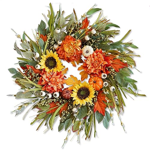 Silky Flower Store Autumn Wreath for Front Door, Sunflower Pumpkin Dahlia Fall Wreath, Artificial Outdoor Decor 24 Inch 7 7 Product: Soomeir 24 Inch Fall Wreaths for Front Door Outside, Sunflower Autumn Door Wreath with Pumpkin and Dahlias, Large Wreaths for Halloween Thanksgiving Farmhouse Indoor Outdoor Home Decor