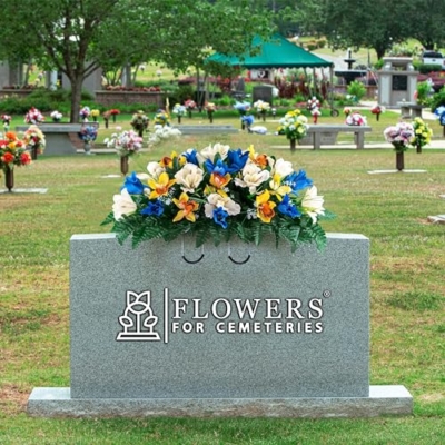 Silky Flower Store Artificial Cemetery Flowers, Blue Tulip White Iris Headstone Saddle, Outdoor Grave Decoration, 30cm 12 12 Product: Sympathy Silks Artificial Cemetery Flowers – Realistic Vibrant Tulips, Outdoor Grave Decorations - 30" Blue Tulip White Iris Saddle for Headstone