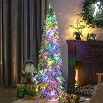 Silky Flower Store HOMCOM Prelit Pencil Artificial Christmas Tree, Snow Flocked Branches, 150 LED Lights, Downswept Shape, 5ft 10 10 Product: HOMCOM 5ft Tall Prelit Pencil Artificial Christmas Tree Holiday Décor with 334 Snow Flocked Branches, 150 Warm White or Colorful LED Lights, Downswept Shape