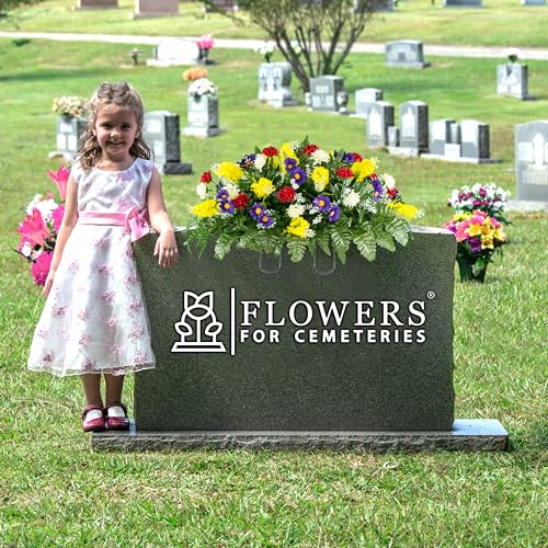 Product: Sympathy Silks Artificial Cemetery Flowers – Realistic Wildflower Outdoor Grave Decorations - Yellow Red Wildflower Saddle for Headstone