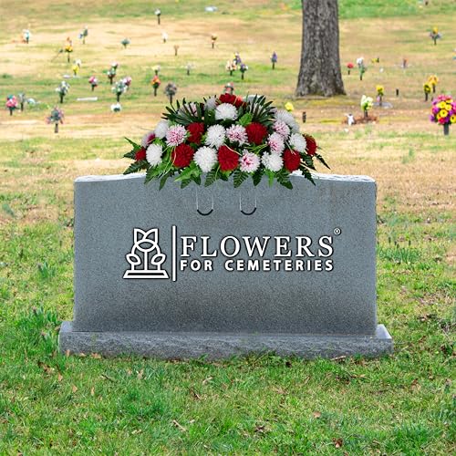 Silky Flower Store Sympathy Silks 30 Headstone Flower Saddle Artificial Cemetery Flowers, Red White Mums, 30cm 4 4 Product: Sympathy Silks 30" Headstone Flower Saddle Artificial Cemetery Flowers - Gravesite Flowers - Red and White Mums