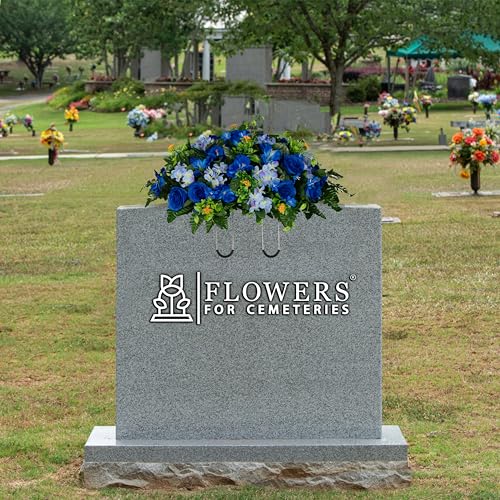 Silky Flower Store Sympathy Silks Artificial Cemetery Flowers, Blue Roses and Hydrangeas Headstone Saddle, 30 Headstone Flower Saddle 30cm 3 3 Product: Sympathy Silks 30" Headstone Flower Saddle Artificial Cemetery Flowers - Gravesite Flowers - Blue Roses and Hydrangeas