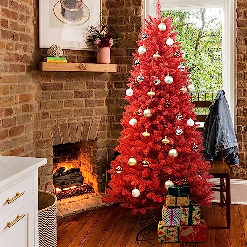 Silky Flower Store 7FT Artificial Full Christmas Tree, Unlit Faux Red Christmas Tree, 1066 Branch Tips, 40in Diameter, 7FT 4 4 Product: Maylaviu 7FT Artificial Full Christmas Tree, Unlit - Faux Red Christmas Tree for Front Door, Porch, Entryway Xmas Home Decorations - Fake Xmas Tree with 1066 Branch Tips