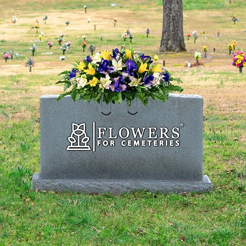 Product: Sympathy Silks Artificial Cemetery Flowers – Realistic Vibrant Tulips, Outdoor Grave Decorations - 30" Yellow Tulip Purple Iris White Orchid Saddle for Headstone