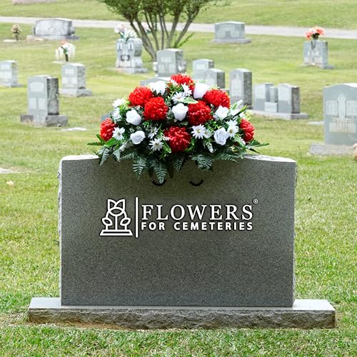 Product: Sympathy Silks Artificial Cemetery Flowers - Outdoor Grave Decorations - Christmas Decor - 1 Red Mum and White Rose Saddle for Headstone