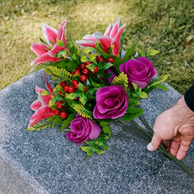 Product: Artificial Cemetery Flowers for Grave, Set of 2 Artificial Flowers Bouquet Memorial Flowers with Vase for Outdoor Cemetery Headstones Graveyard Gravestone Decoration (Pink Lily&Purple Rose)