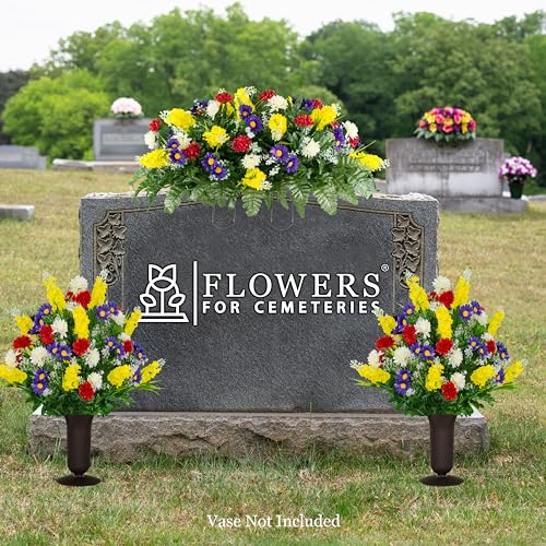 Silky Flower Store Artificial Cemetery Flowers, Sympathy Silks Red Yellow Wildflower Bouquets, Matching Tombstone Saddle, UV Resistant 2 Piece Set 32.5cm 5 5 Product: Sympathy Silks Artificial Cemetery Flowers – Realistic Vibrant Wildflowers Outdoor Grave Decorations - Non-Bleed Colors- 2 Red Yellow Wildflower Bouquets, & 1 Matching Saddle