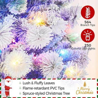 Product: Yaheetech 6ft Pre-lit Snow Flocked Christmas Tree, Premium Hinged Artificial Pine Tree w/ 250 Colorful LED Lights and 564 Branches Tips, Prelit Slim Pencil Christmas Tree w/Metal Stand White