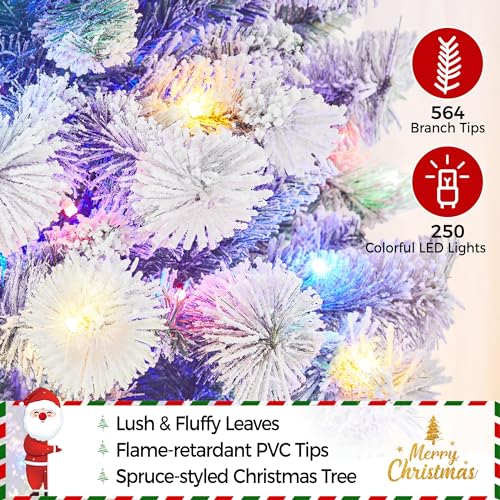 Product: Yaheetech 6ft Pre-lit Snow Flocked Christmas Tree, Premium Hinged Artificial Pine Tree w/ 250 Colorful LED Lights and 564 Branches Tips, Prelit Slim Pencil Christmas Tree w/Metal Stand White