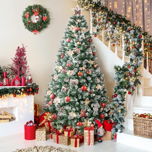 Silky Flower Store Yaheetech Artificial Christmas Tree, Snow Flocked Pinecone Christmas Tree, 7.5ft 8 8 Product: Yaheetech 7.5ft Artificial Christmas Tree, Snow Flocked Christmas Tree w/82 Pinecones, 1346 Frosted Tips, Pre-Decorated Tree for Holiday Party Decoration