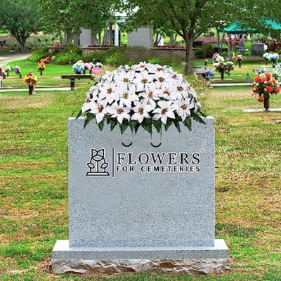 Product: Sympathy Silks Artificial Cemetery Flowers - Grave Decoration - Memorial Flowers - 30" White Poinsettia Saddle for Headstone