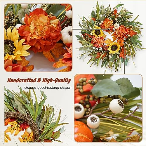 Silky Flower Store Autumn Wreath for Front Door, Sunflower Pumpkin Dahlia Fall Wreath, Artificial Outdoor Decor 24 Inch 4 4 Product: Soomeir 24 Inch Fall Wreaths for Front Door Outside, Sunflower Autumn Door Wreath with Pumpkin and Dahlias, Large Wreaths for Halloween Thanksgiving Farmhouse Indoor Outdoor Home Decor