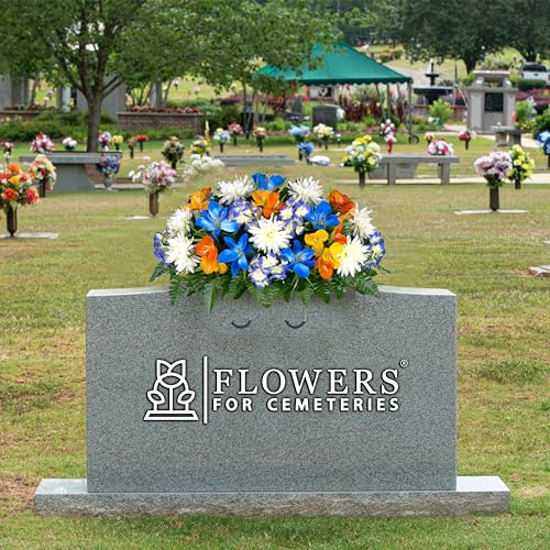 Product: Sympathy Silks 30" Headstone Flower Saddle - Blue Tiger Lily, Orange and Yellow Grave Flowers