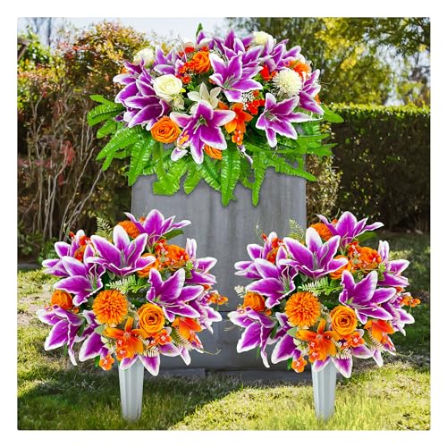 Product: FLOWERIA Large Purple-Orange Memorial Flowers for Cemetery - Artificial Sympathy Flower Saddle for Graveside Headstone