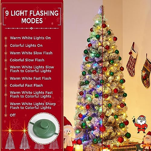 Product: Yaheetech 6ft Pre-lit Snow Flocked Christmas Tree, Premium Hinged Artificial Pine Tree w/ 250 Colorful LED Lights and 564 Branches Tips, Prelit Slim Pencil Christmas Tree w/Metal Stand White