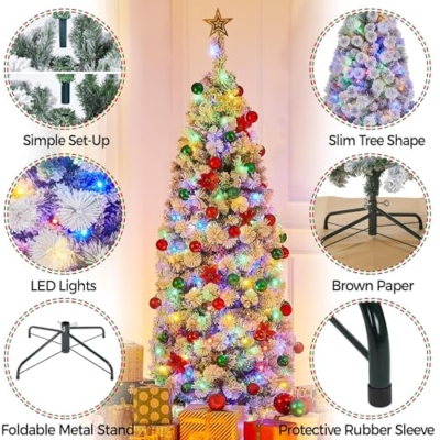 Product: Yaheetech 6ft Pre-lit Snow Flocked Christmas Tree, Premium Hinged Artificial Pine Tree w/ 250 Colorful LED Lights and 564 Branches Tips, Prelit Slim Pencil Christmas Tree w/Metal Stand White
