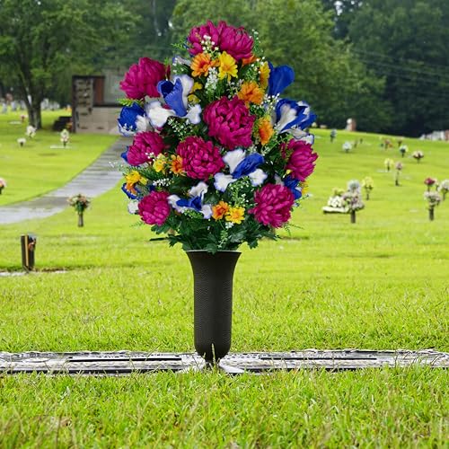 Product: Sympathy Silks Fuchsia Mums & Blue Iris Cemetery Flowers Bouquet with Vase - Artificial Gravesite Decor
