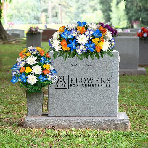 Silky Flower Store Sympathy Silks Artificial Cemetery Flowers, Blue Tiger Lily Purple Hydrangea Orange Alstroemeria, Headstone Saddle Bouquet, 32.5cm 1 1 Product: Sympathy Silks Artificial Cemetery Flowers - graveside Flowers - Blue Tiger Lily, Purple Hydrangea, Orange Alstroemeria - (1) Headstone Flower Saddle & (1) Matching Bouquet