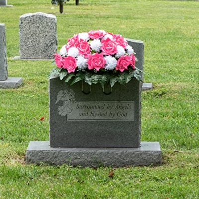 Product: Mother's Day - Artificial Cemetery Flowers Headstone Arrangement - 30" Pink Rose & White Mums Silk Flowers for Outdoor Grave - Decorations