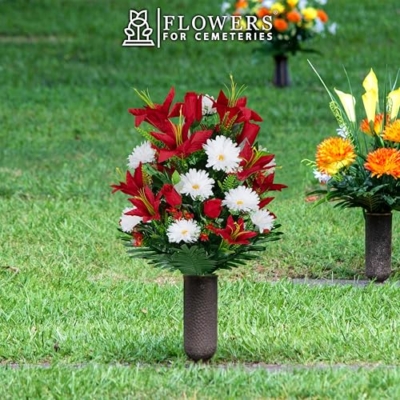 Silky Flower Store Artificial Cemetery Flowers, Gravesite Flowers Red Lilies White Daisies Red Roses Bouquet 1, Sympathy Silks 20cm 9 9 Product: Sympathy Silks Artificial Cemetery Flowers - Gravesite Flowers - Red Lilies with White Daisies and Red Roses - (1) Bouquet