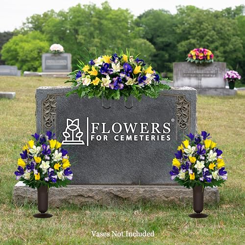 Product: Sympathy Silks Artificial Cemetery Flowers – Realistic Vibrant Tulips Outdoor Grave Decorations - 2 Yellow Tulip Purple Iris Bouquets and 1 Matching Saddle