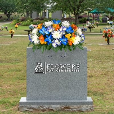 Product: Sympathy Silks 30" Headstone Flower Saddle - Blue Tiger Lily, Orange and Yellow Grave Flowers