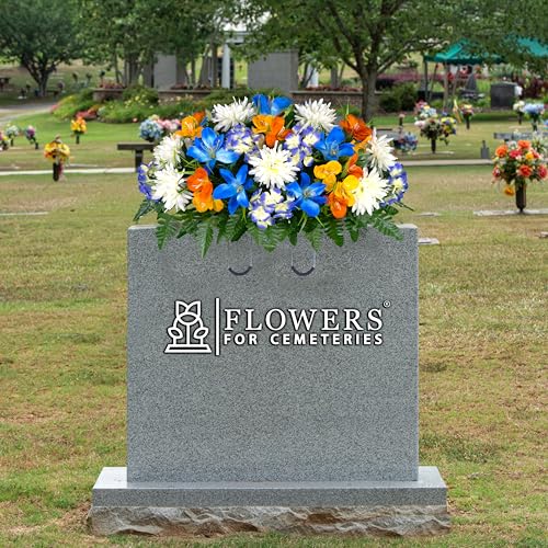 Product: Sympathy Silks 30" Headstone Flower Saddle - Blue Tiger Lily, Orange and Yellow Grave Flowers
