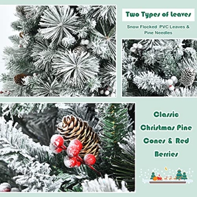 Product: Stunning Goplus 8ft Snow Flocked Christmas Tree - Artificial Hinged Pine with 1424 Glitter Branches & Pine Cones