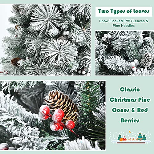 Product: Stunning Goplus 8ft Snow Flocked Christmas Tree - Artificial Hinged Pine with 1424 Glitter Branches & Pine Cones