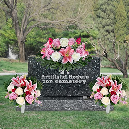 Product: HENOMO Cemetery Saddle Flower and Bouquets with Vases,Tombstone Floral Memorial Arrangement - Pink Lily and Rose,Graveside Decoration for Headstone