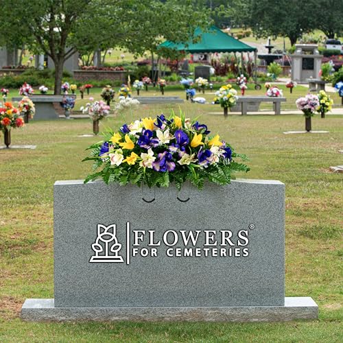 Product: Sympathy Silks Artificial Cemetery Flowers – Realistic Vibrant Tulips, Outdoor Grave Decorations - 30" Yellow Tulip Purple Iris White Orchid Saddle for Headstone