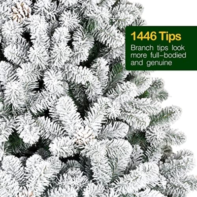 Silky Flower Store 7.5 ft Snow Flocked Artificial Christmas Tree, Pine Cones, 1446 Tips, Hinged Metal Stand, 49 in diameter 11 11 Product: Hykolity 7.5 ft Snow Flocked Artificial Christmas Tree with Pine Cones, 1446 Tips, Metal Stand and Hinged Branches