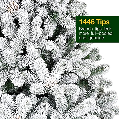 Silky Flower Store 7.5 ft Snow Flocked Artificial Christmas Tree, Pine Cones, 1446 Tips, Hinged Metal Stand, 49 in diameter 2 2 Product: Hykolity 7.5 ft Snow Flocked Artificial Christmas Tree with Pine Cones, 1446 Tips, Metal Stand and Hinged Branches