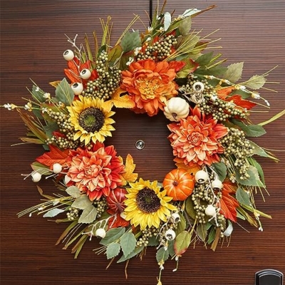 Silky Flower Store Autumn Wreath for Front Door, Sunflower Pumpkin Dahlia Fall Wreath, Artificial Outdoor Decor 24 Inch 11 11 Product: Soomeir 24 Inch Fall Wreaths for Front Door Outside, Sunflower Autumn Door Wreath with Pumpkin and Dahlias, Large Wreaths for Halloween Thanksgiving Farmhouse Indoor Outdoor Home Decor