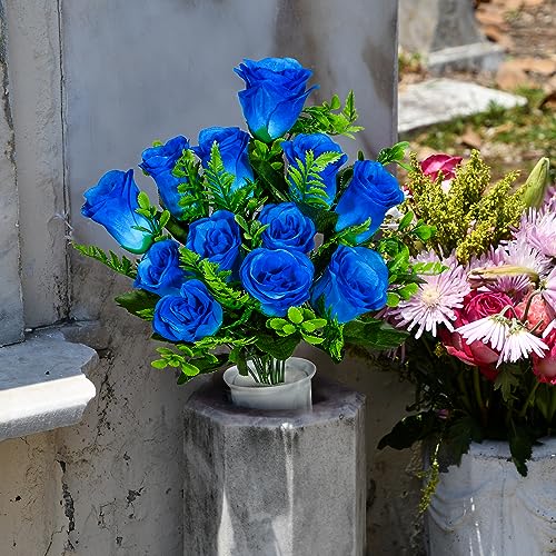 Product: Artificial Cemetery Flowers with Vase, Artificial White Rose Bouquet Grave Memorial Flowers for Cemetery Headstones Decoration, (Set of 2, Blue) Self-assemble