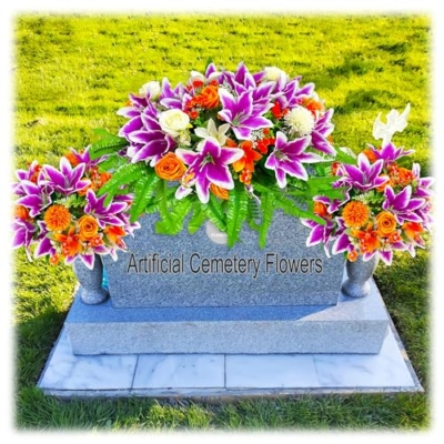 Product: FLOWERIA Large Purple-Orange Memorial Flowers for Cemetery - Artificial Sympathy Flower Saddle for Graveside Headstone