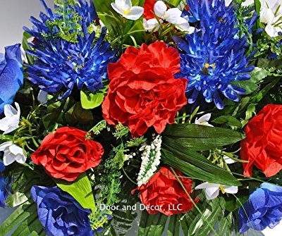 Product: Summer Patriotic Cemetery Flowers with Red Roses, Blue Spider Mums, Blue Roses, and White Forget-me-nots headstone saddle arrangement