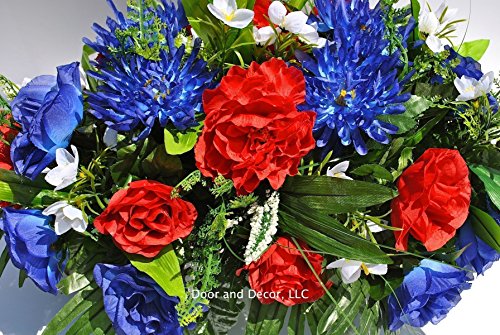 Product: Summer Patriotic Cemetery Flowers with Red Roses, Blue Spider Mums, Blue Roses, and White Forget-me-nots headstone saddle arrangement