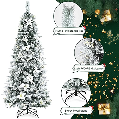 Product: Goplus Snow Flocked Pencil Christmas Tree, 7FT Hinged Artificial Skinny Xmas Tree with White Berries, Poinsettia Flowers and Folding Metal Stand, Perfect for Holiday Indoor Décor