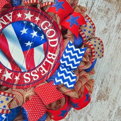 Silky Flower Store Fourth of July Wreath, God Bless America Door Wreath, Red White Blue Burlap, 24in Round 11 11 Product: God Bless America Door Wreath | Fourth of July Wreath | Red White Blue Burlap