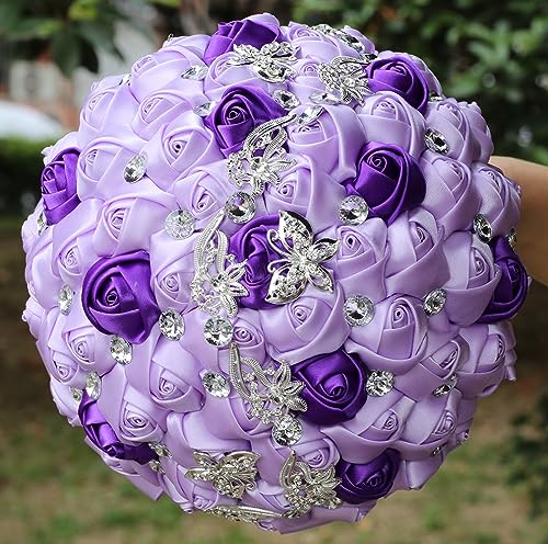 Product: Sharebeauty 9.4" Handmade Satin Rose Bridal Bouquet Toss Round Wedding Bouquet Throw Toss Artificial Flower Bunch Light Purple + Purple