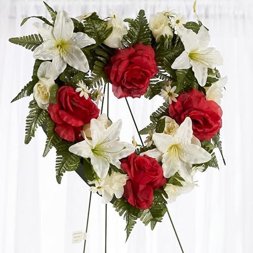 Silky Flower Store Premade Red Cream Silk Flower Heart Cemetery Wreath, Metal Easel Memorial Grave Arrangement, 32.5cm 4 4 Product: Premade Red and Cream Silk Flowers Heart Cemetery Wreath with Metal Easel for Graveside Memorial Day Decoration or Funeral Floral Spray for Mother, Father, Mom, Dad, Sister, Brother or Loved One