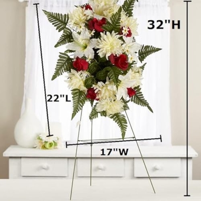 Silky Flower Store Red and Cream Silk Cemetery Flower Arrangement with Metal Easel, Faux Memorial Spray, 32in 6 6 Product: Premade Red and Cream Silk Flowers Cemetery Arrangement with Metal Easel for Graveside Memorial Day Decoration or Funeral Floral Spray for Mother, Father, Mom, Dad, Sister, Brother or Loved One