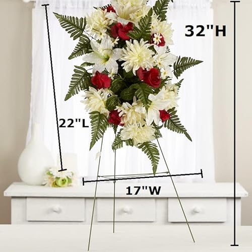 Silky Flower Store Red and Cream Silk Cemetery Flower Arrangement with Metal Easel, Faux Memorial Spray, 32in 1 1 Product: Premade Red and Cream Silk Flowers Cemetery Arrangement with Metal Easel for Graveside Memorial Day Decoration or Funeral Floral Spray for Mother, Father, Mom, Dad, Sister, Brother or Loved One