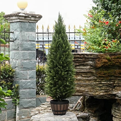 Product: 4ft(48”) Artificial Cedar Outdoor Artificial Shrub Sunlight Resistant Leafy Potted Plant for Indoor Porch of Home and Office Artificial Outdoor Tree 2 Pieces a Set Topiary Trees
